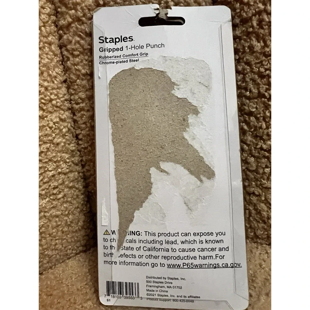 Staples Gripped 1-Hole Punch, Rubberized, Chrome-Plated Steel